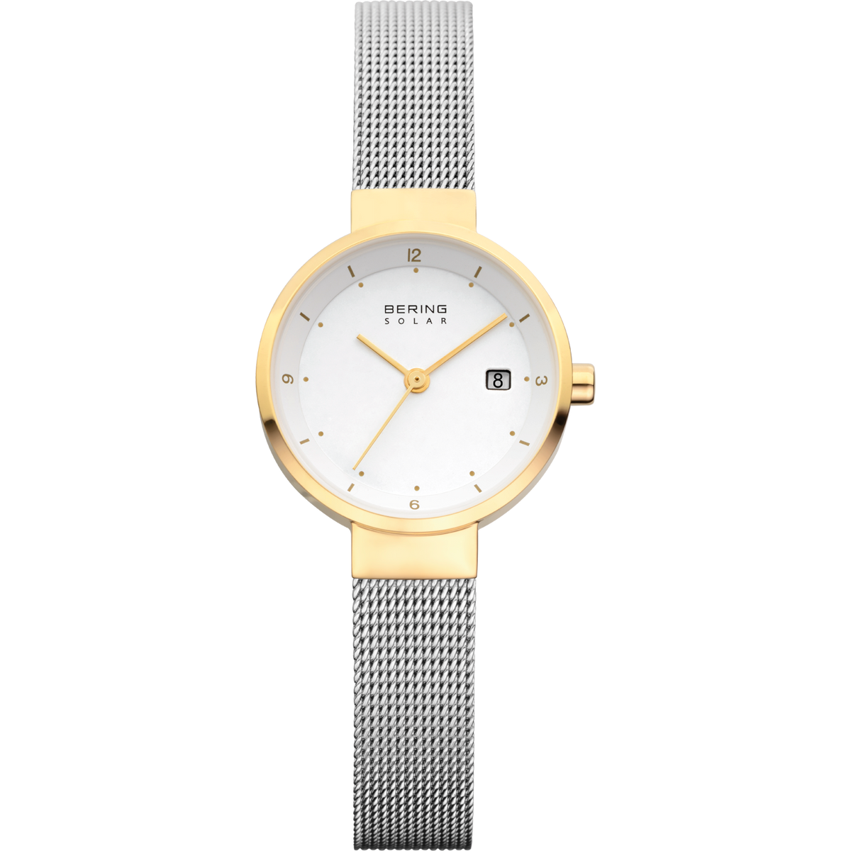 Horloge met wit wijzerplaat, goudkleurige kast en wijzers, BERING SOLAR-markering, datumvenster en zilveren mesh armband.