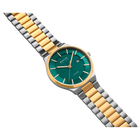 Reloj de pulsera con esfera azul-verde, bisel dorado y pulsera bicolor de eslabones alternados de oro y acero.