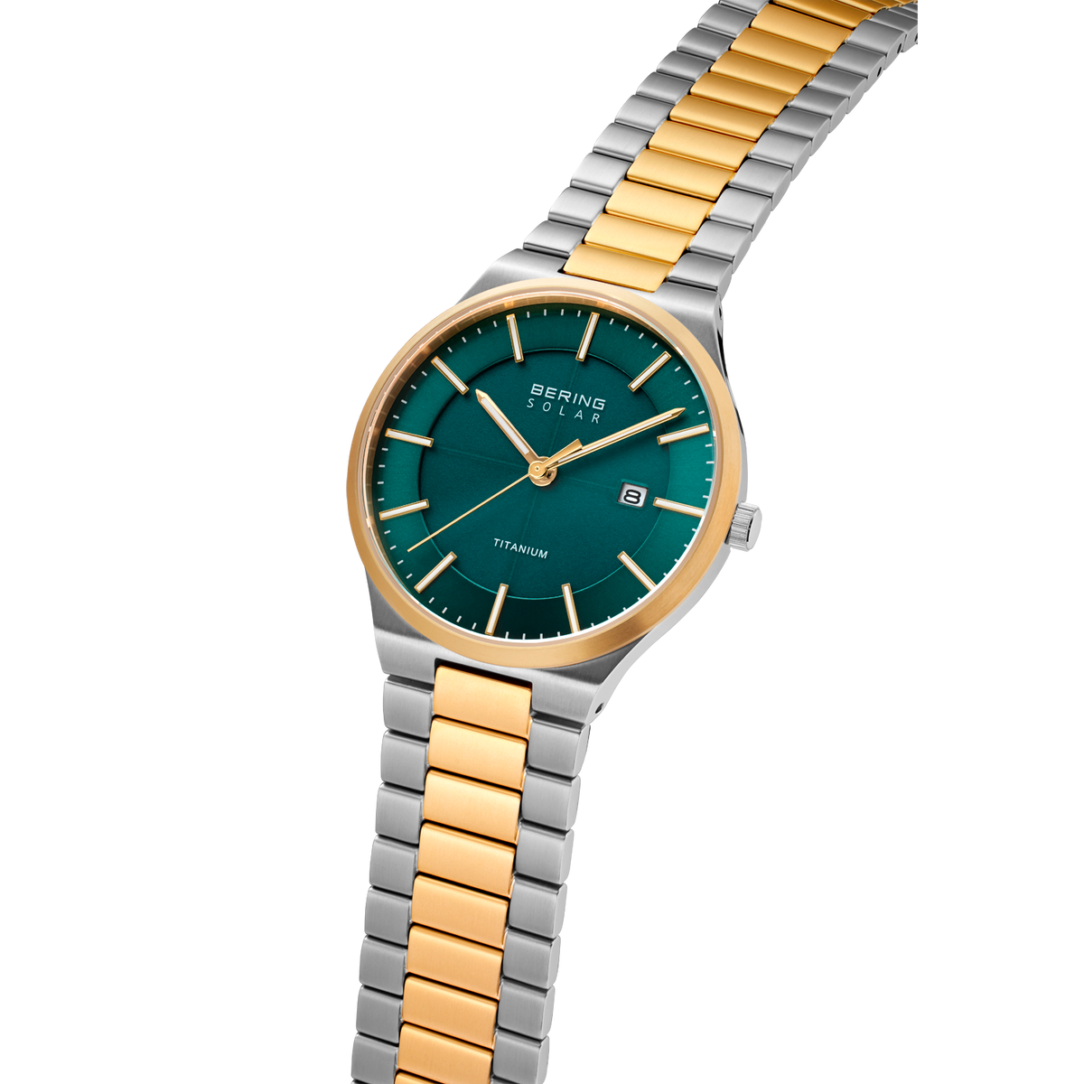 Reloj BERING con esfera azul verdosa y pulsera de dos tonos plata-oro, vista angular