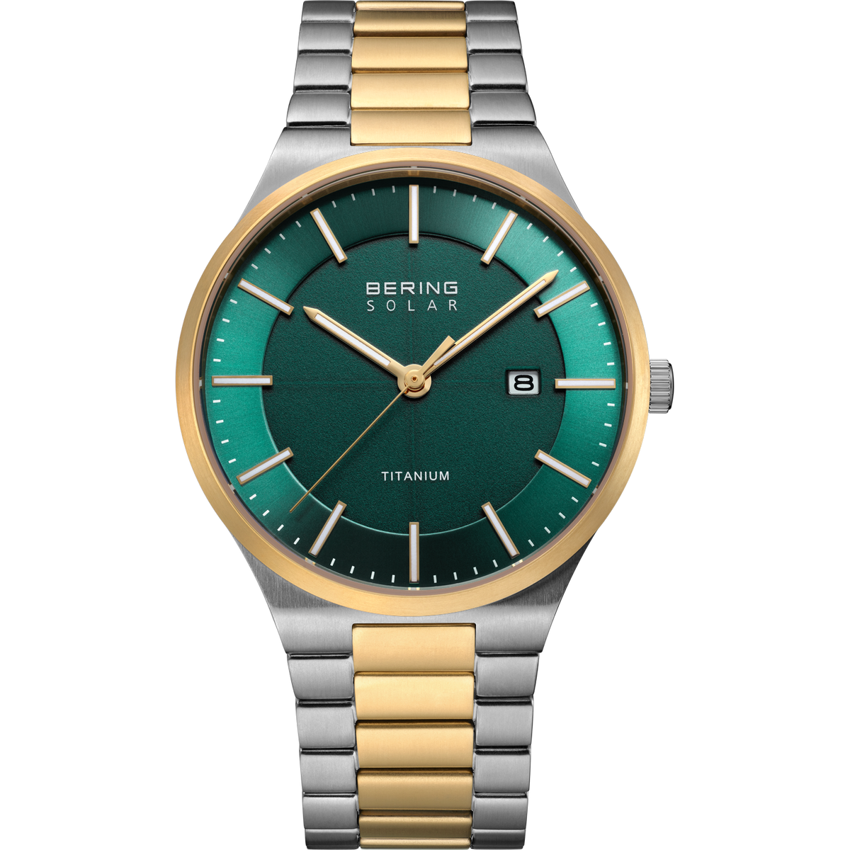 Reloj BERING Solar con esfera azul-verde, caja de titanio y pulsera bicolor plateada-dorada