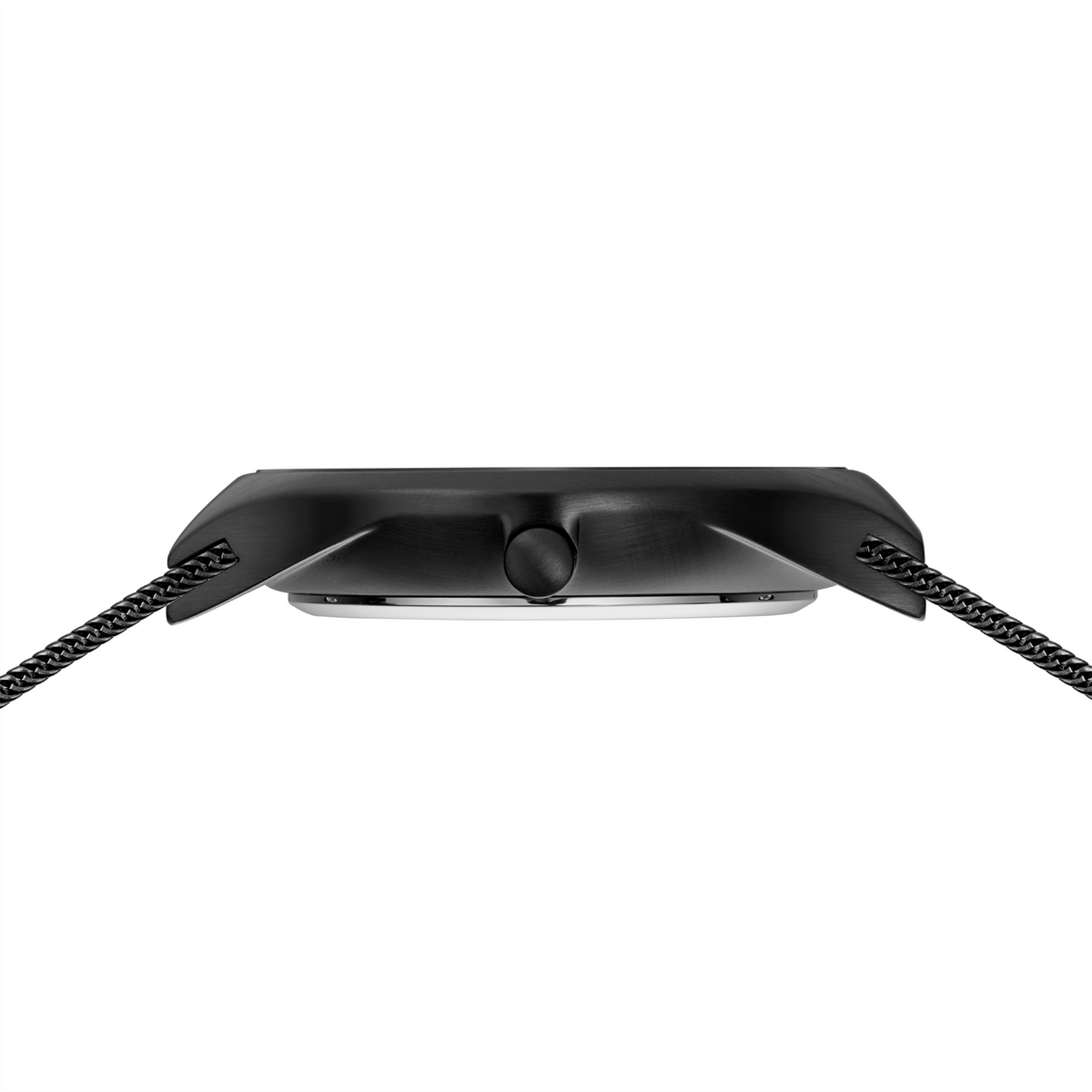 Sidevisning af BERING armbåndsur med sort tyndt kabinet og sort netarmband
