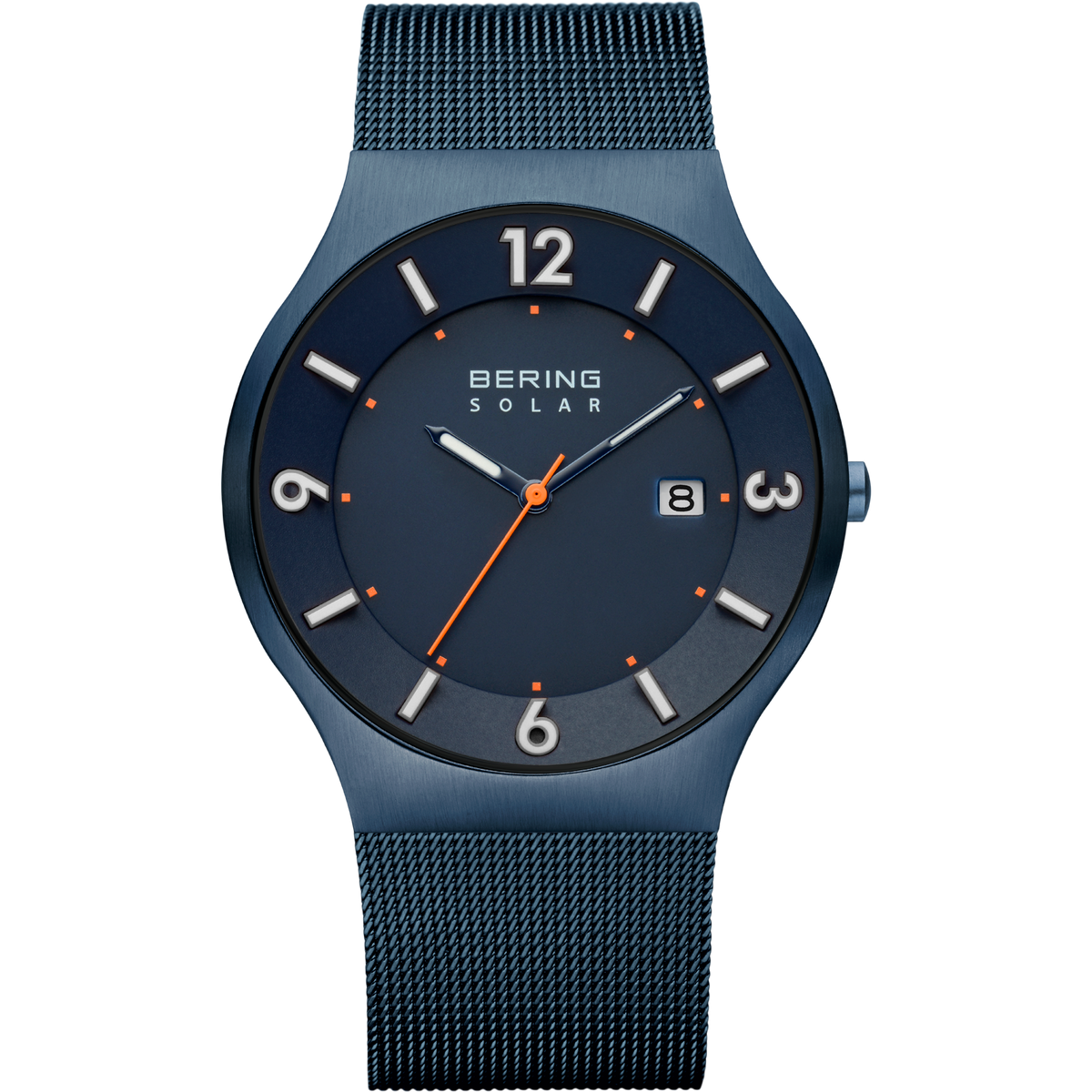 BERING Solar armbåndsur med rundt mørkeblåt ur-skive, hvide timemarkering, orange sekundviser og blåt mesh-bånd.