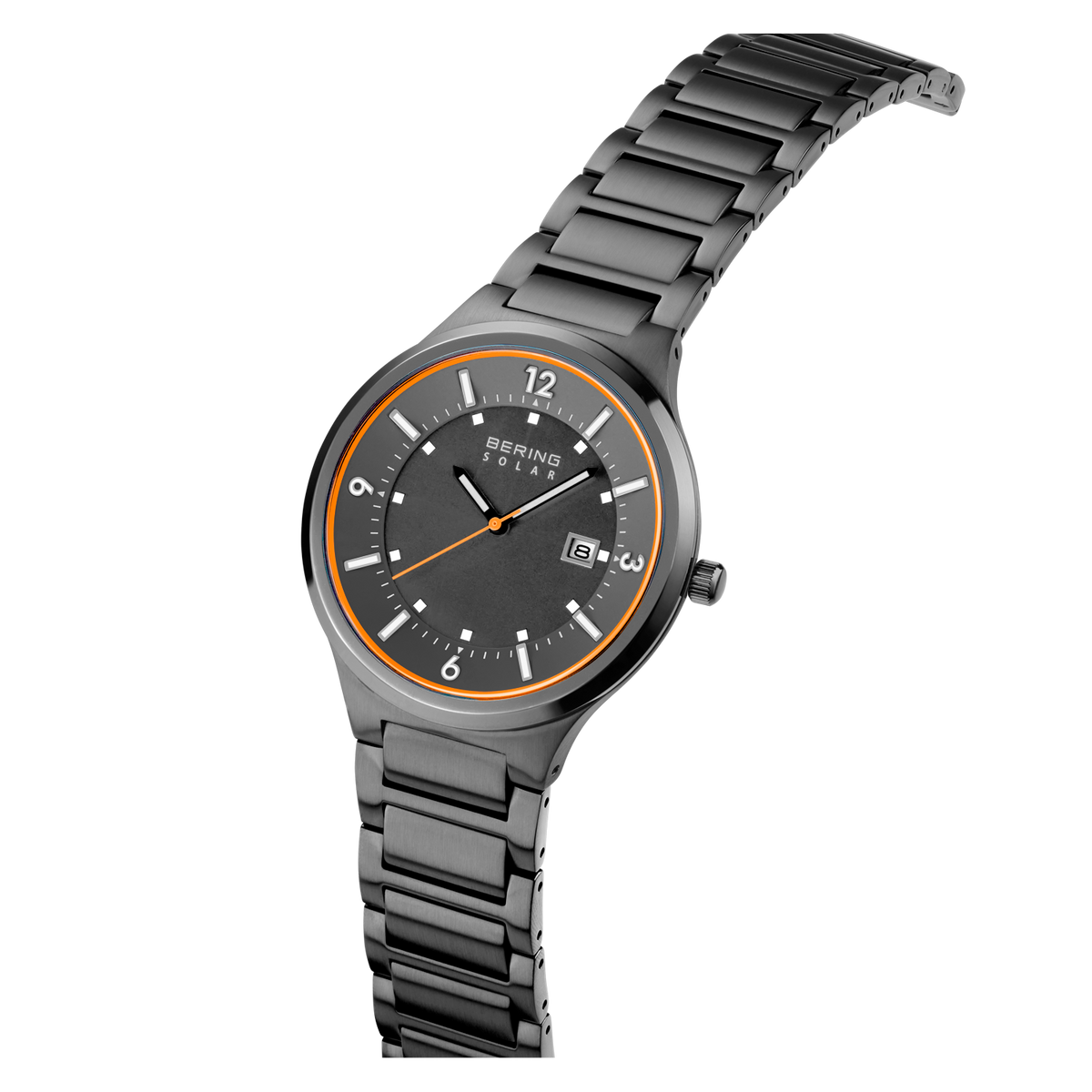 Black metal bracelet watch with charcoal dial and rose gold bezel accents, tilted to show full bracelet length.