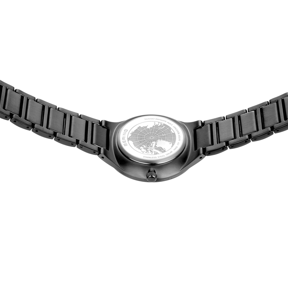 Top-down view of wristwatch with dark metal bracelet and textured silver dial.