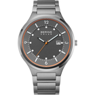 BERING Solar 14442-777 watch with silver stainless steel case and bracelet, dark dial with orange bezel accent