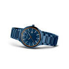 BERING wristwatch model 14442-797 with dark blue dial, gold bezel, and matching blue steel bracelet, shown at angle.