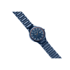 Blue dial wristwatch with matching striped band, shown at an angle with full strap length displayed