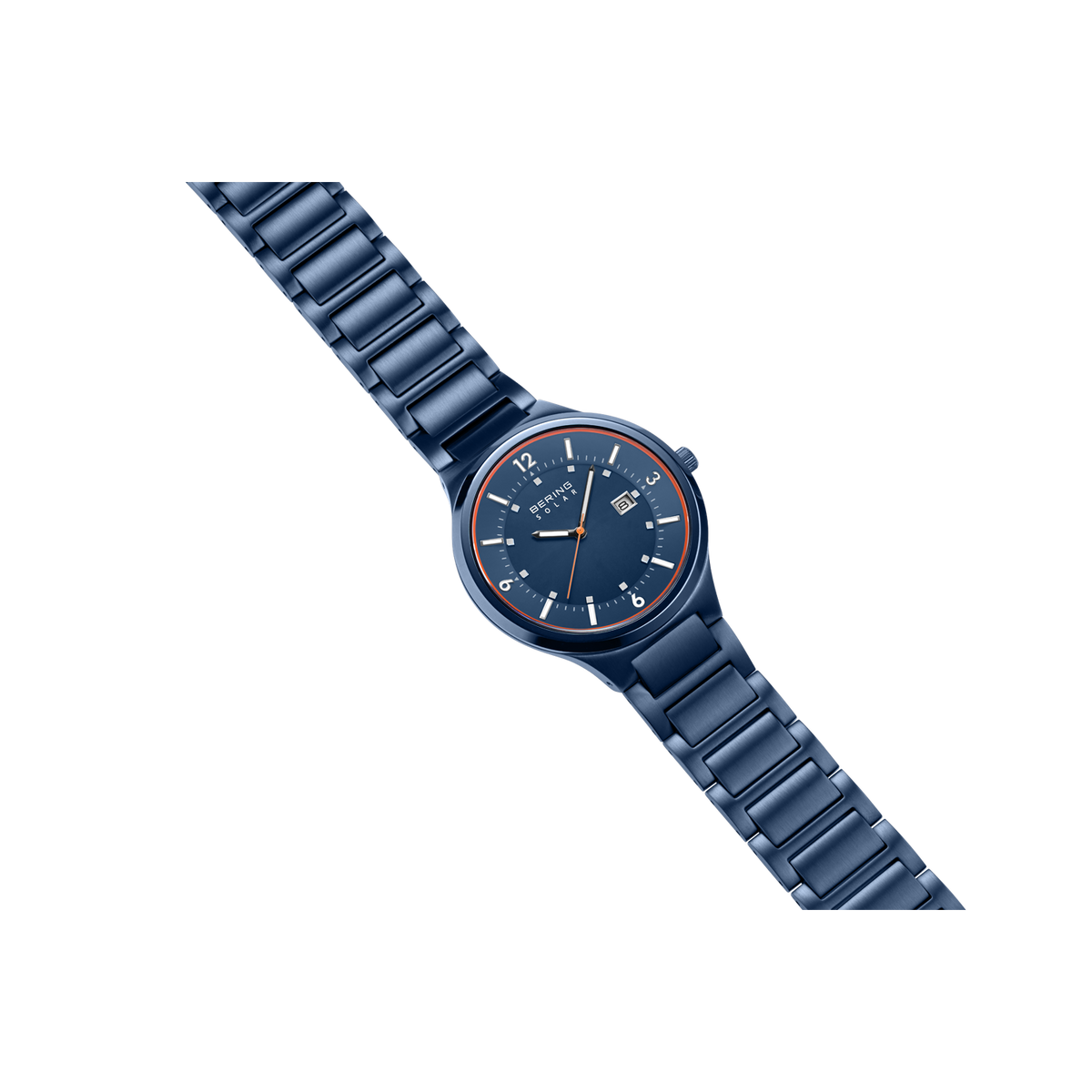 Blue dial wristwatch with matching striped band, shown at an angle with full strap length displayed