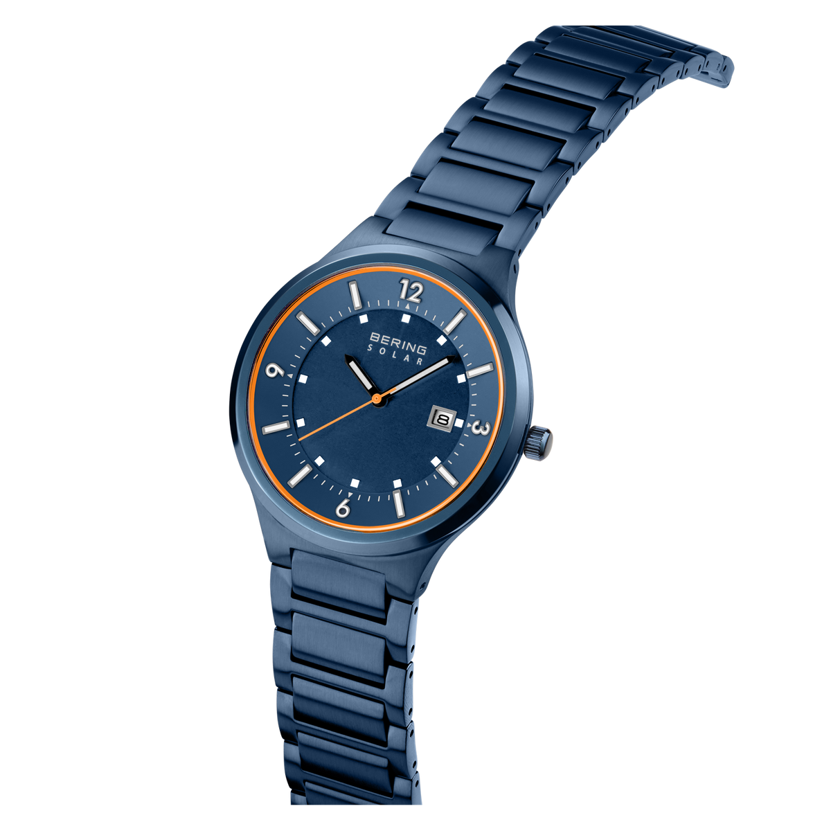 Dark blue watch with gold bezel accents, three-quarter view showing dial and steel bracelet.
