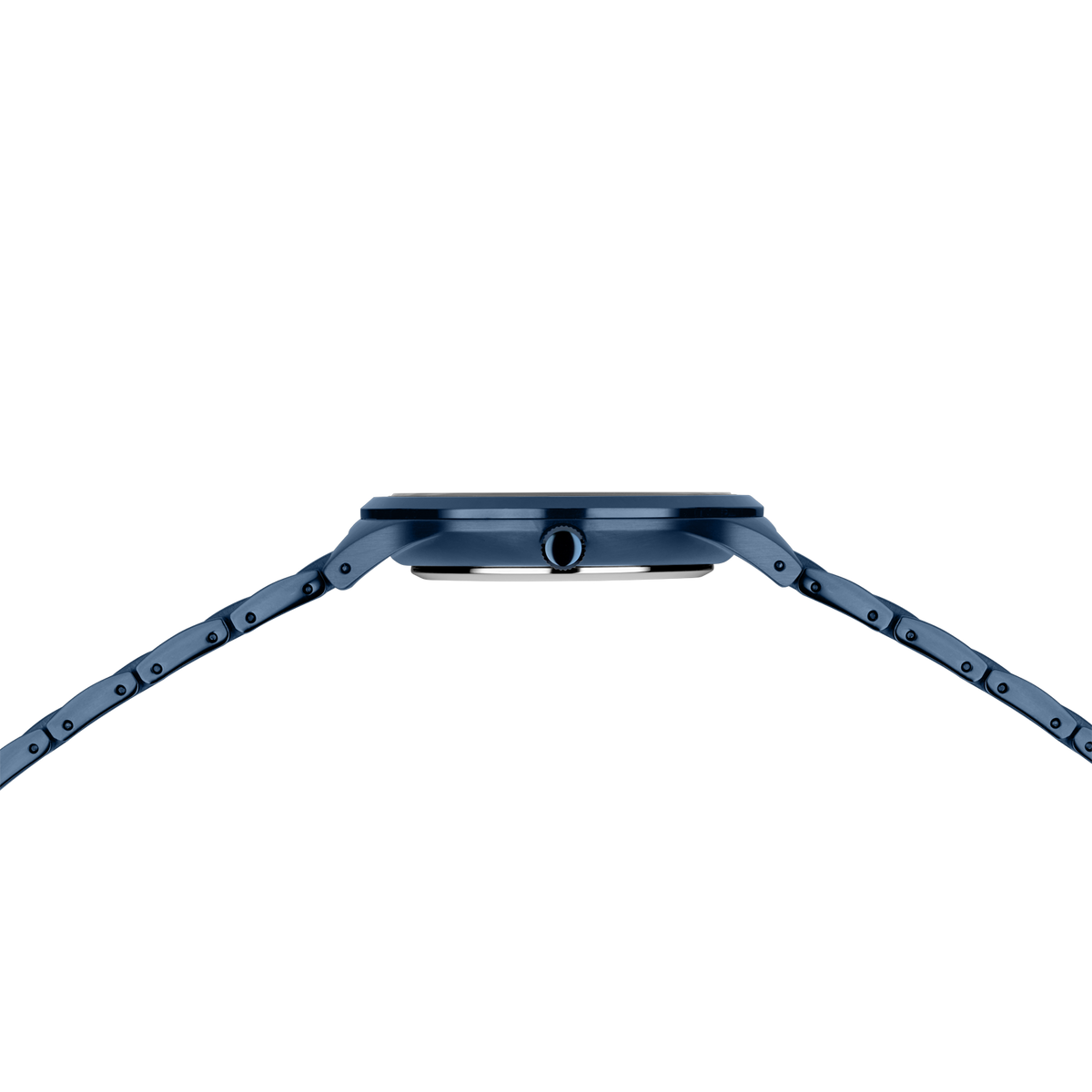 Square-cased wristwatch model 14442-797 with blue linked band, viewed from top showing case and lugs