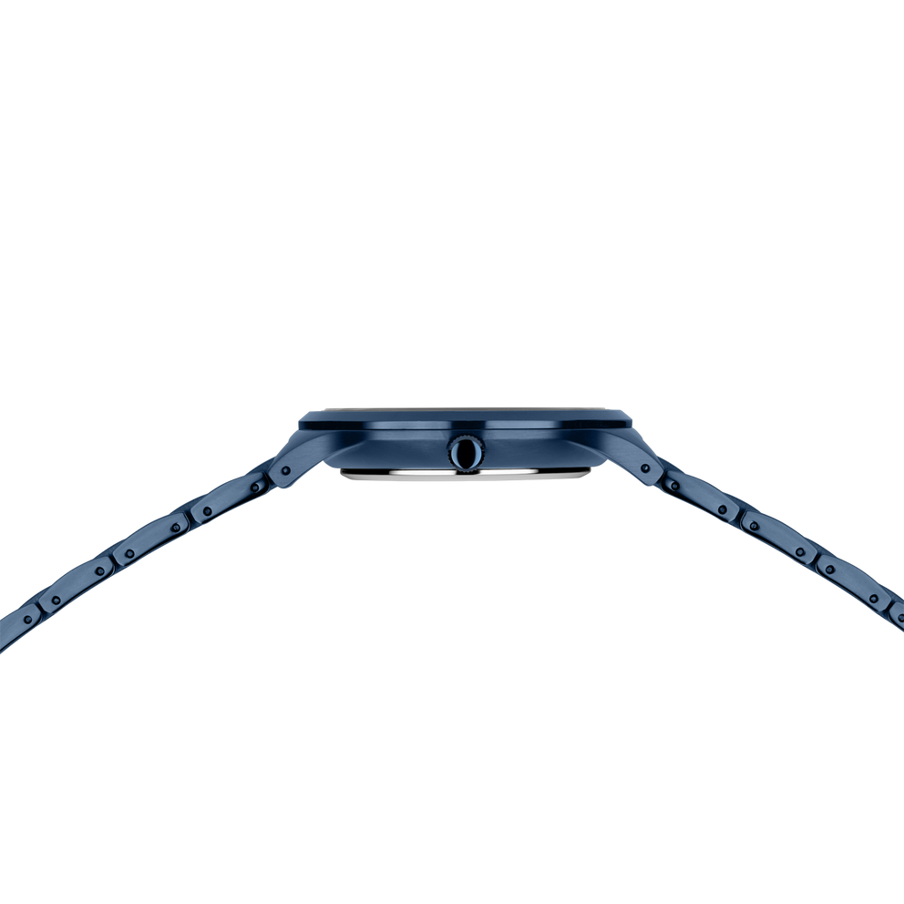 Square-cased wristwatch model 14442-797 with blue linked band, viewed from top showing case and lugs