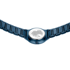 Blue metal link bracelet with rectangular links and white dial face viewed from above
