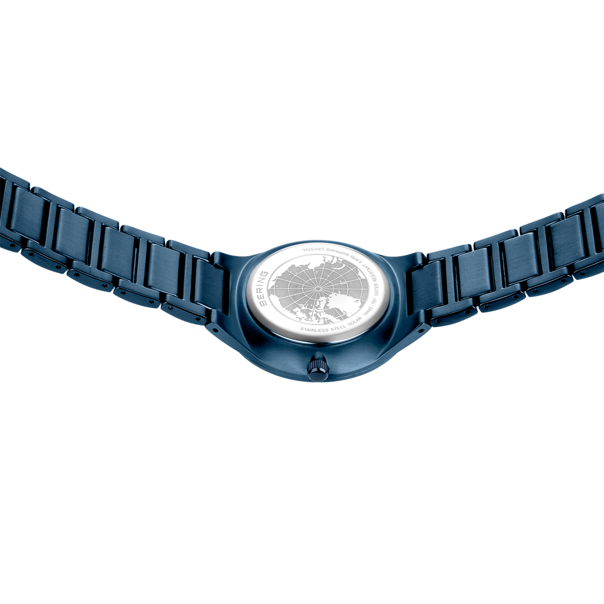 Blue metal link bracelet with rectangular links and white dial face viewed from above