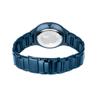 BERING wristwatch viewed from back, showing blue metal bracelet with link-style design and round case