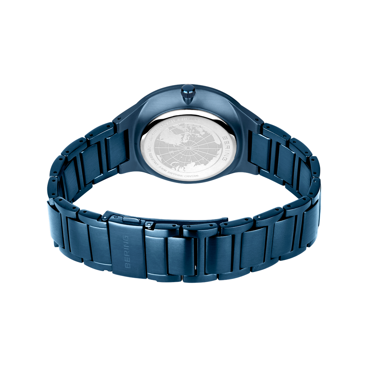 BERING wristwatch viewed from back, showing blue metal bracelet with link-style design and round case