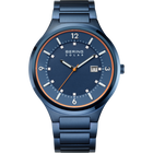 BERING Solar wristwatch with blue dial, white hour markers, date window, and blue stainless steel bracelet