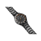 BERING wristwatch with black dial, orange accents, and gunmetal bracelet, angled to show watch face and full strap