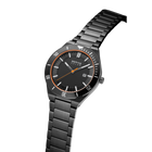 BERING watch with black dial and dark metal bracelet in three-link design, angled view showing case and numbered bezel.