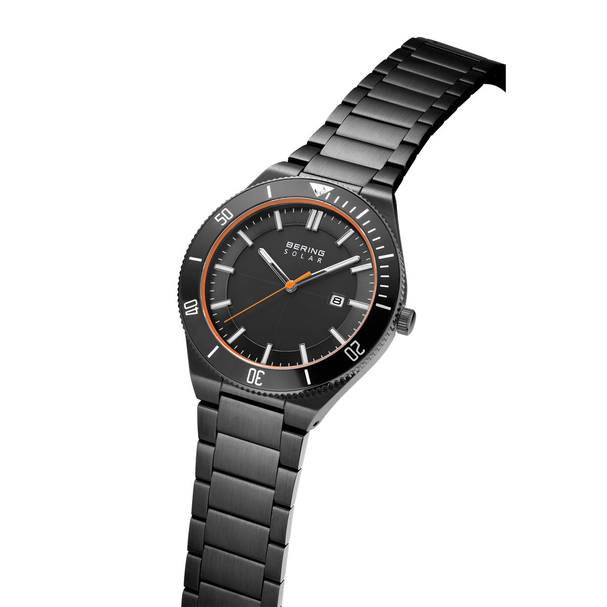 BERING watch with black dial and dark metal bracelet in three-link design, angled view showing case and numbered bezel.