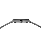 Watch bezel viewed from above with crown and pusher button visible on side, metal bracelet bands below.
