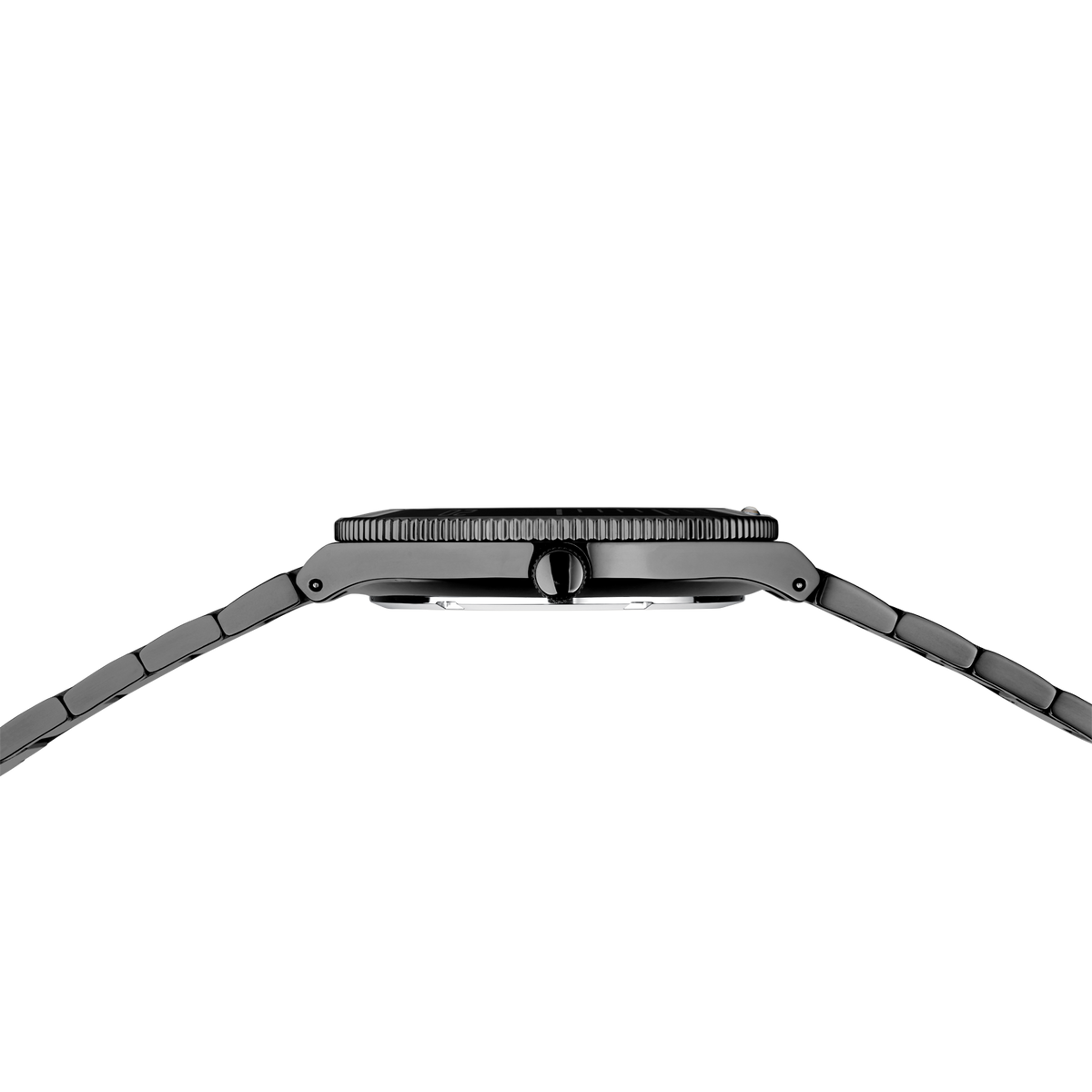 Watch bezel viewed from above with crown and pusher button visible on side, metal bracelet bands below.
