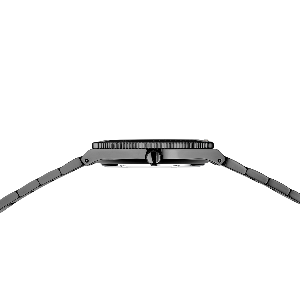 Watch bezel viewed from above with crown and pusher button visible on side, metal bracelet bands below.