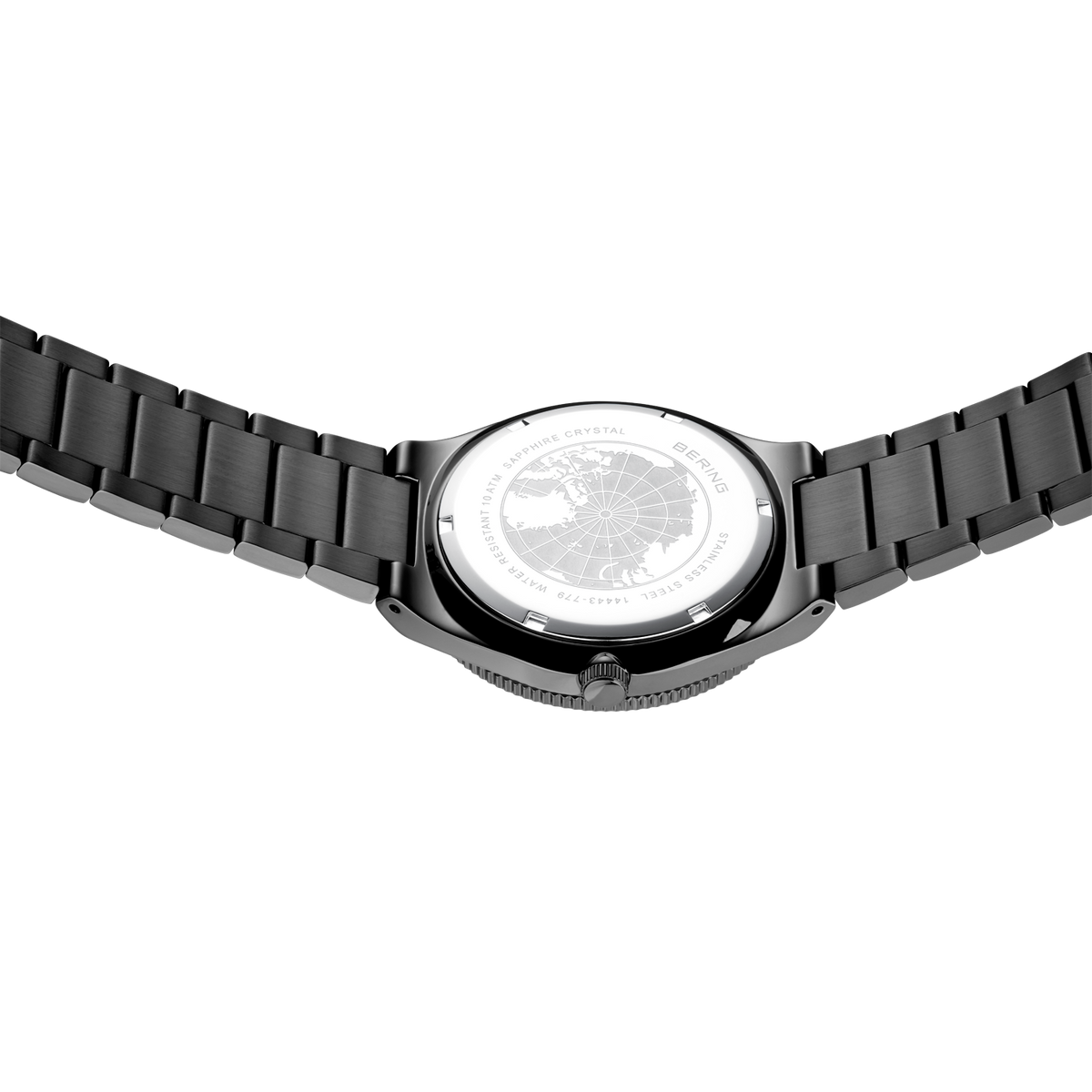 Back view of watch with black link bracelet, silver case visible from underneath