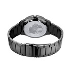 Rear view of black steel bracelet watch showing caseback with movement detail and center link clasp