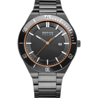 BERING SOLAR wristwatch with gunmetal case and bracelet, black dial with white markers, orange hands, and date window