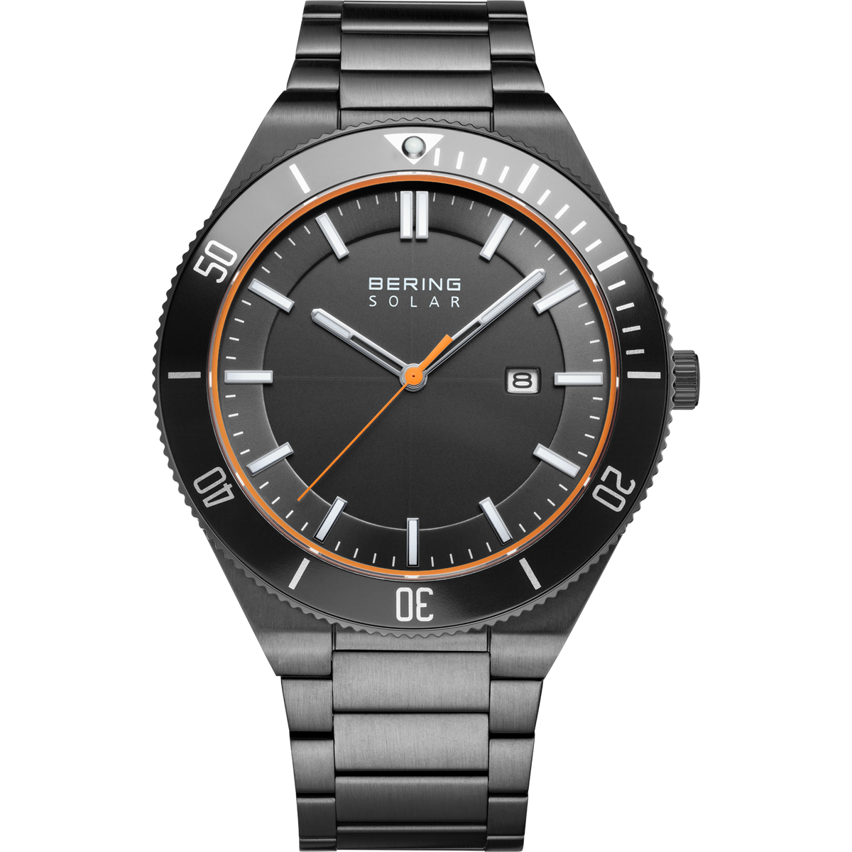 BERING SOLAR wristwatch with gunmetal case and bracelet, black dial with white markers, orange hands, and date window