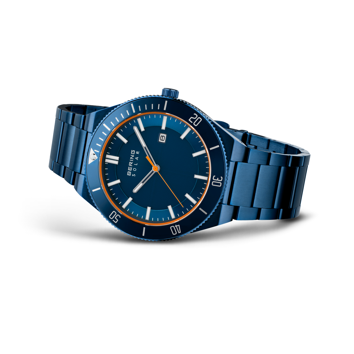 Dark blue BERING wristwatch with matching metal band, side angle view showing dial and linked bracelet.