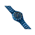 BERING watch with blue steel case and band, dark dial with applied indices, orange seconds hand, and rotating bezel.