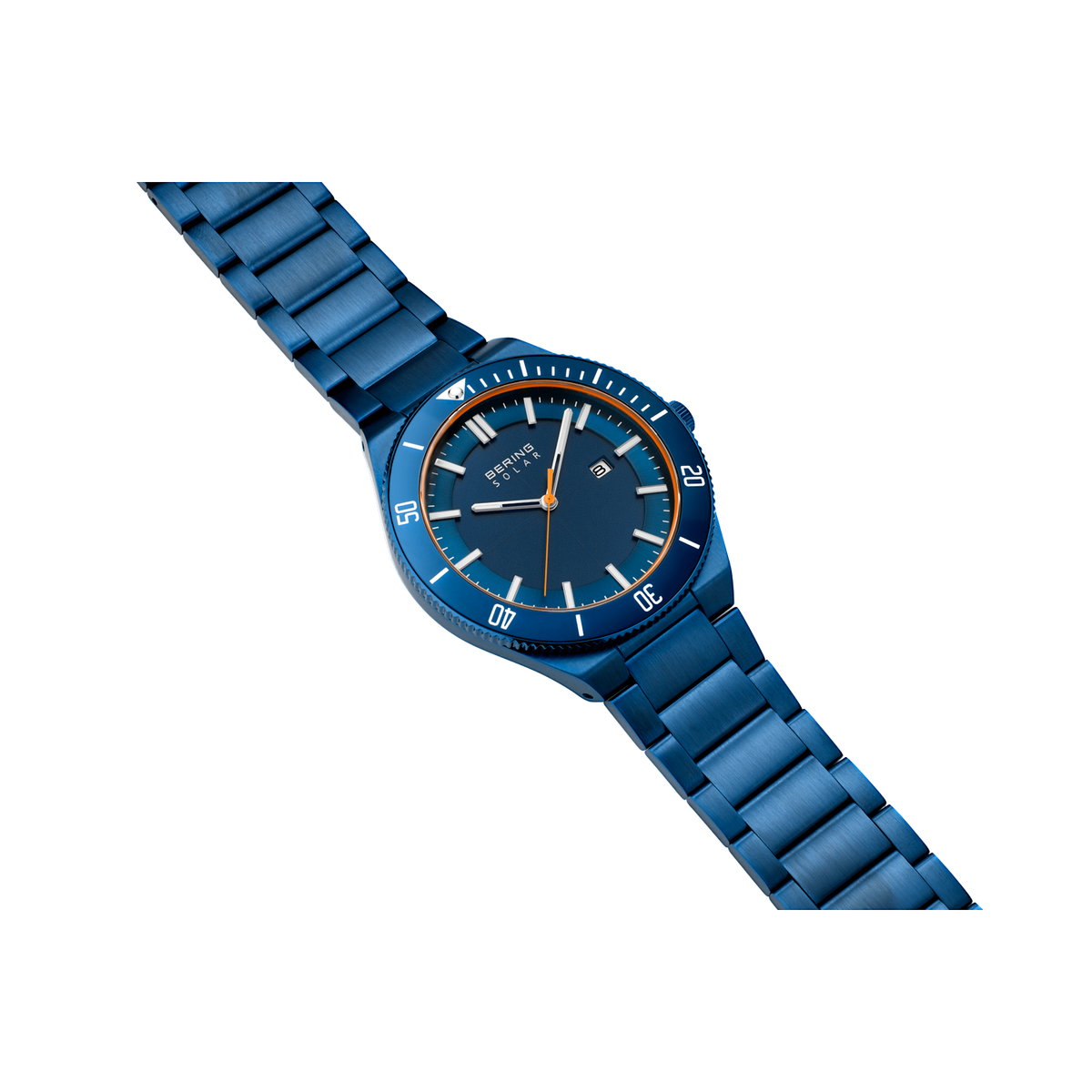 BERING watch with blue steel case and band, dark dial with applied indices, orange seconds hand, and rotating bezel.