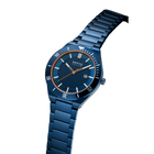BERING watch in blue steel with link bracelet, three-quarter view showing case profile and bracelet construction.