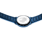 Watch with blue link bracelet, viewed from back showing case and band attachment points.