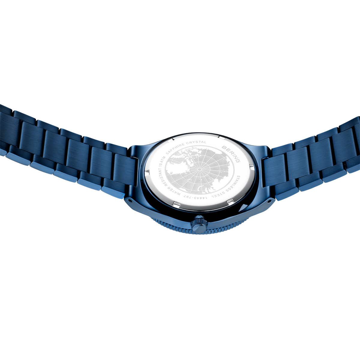 Watch with blue link bracelet, viewed from back showing case and band attachment points.