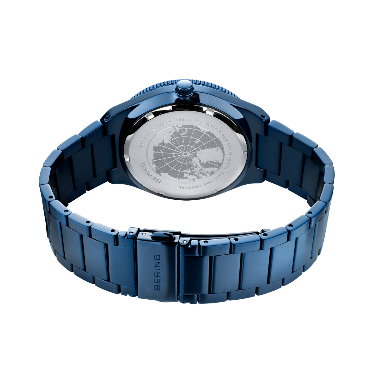 Blue link watch bracelet with visible caseback