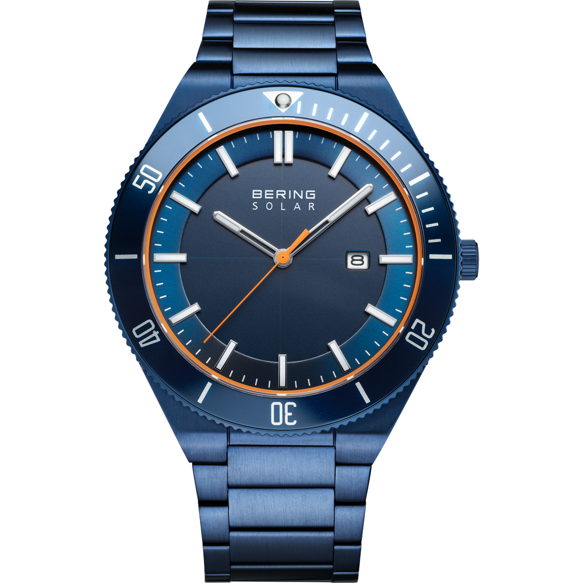 BERING SOLAR wristwatch with blue dial, blue metal bracelet, and orange hand accents