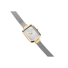 Rectangular watch with rose gold case and silver steel mesh strap, angled view