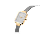 BERING wristwatch 14520-010 with rectangular gold case and gray mesh band, angled side view