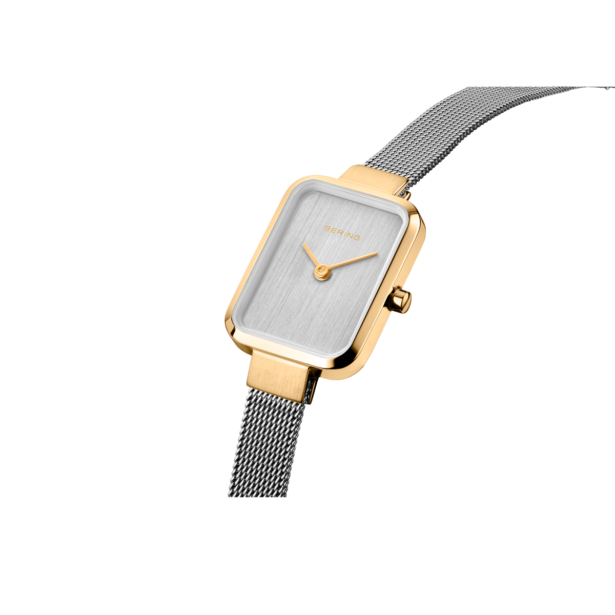 BERING wristwatch 14520-010 with rectangular gold case and gray mesh band, angled side view