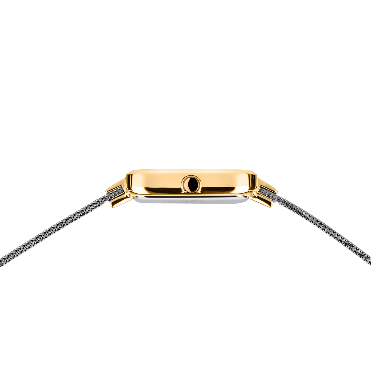 Watch case side profile in gold with gray mesh bracelet