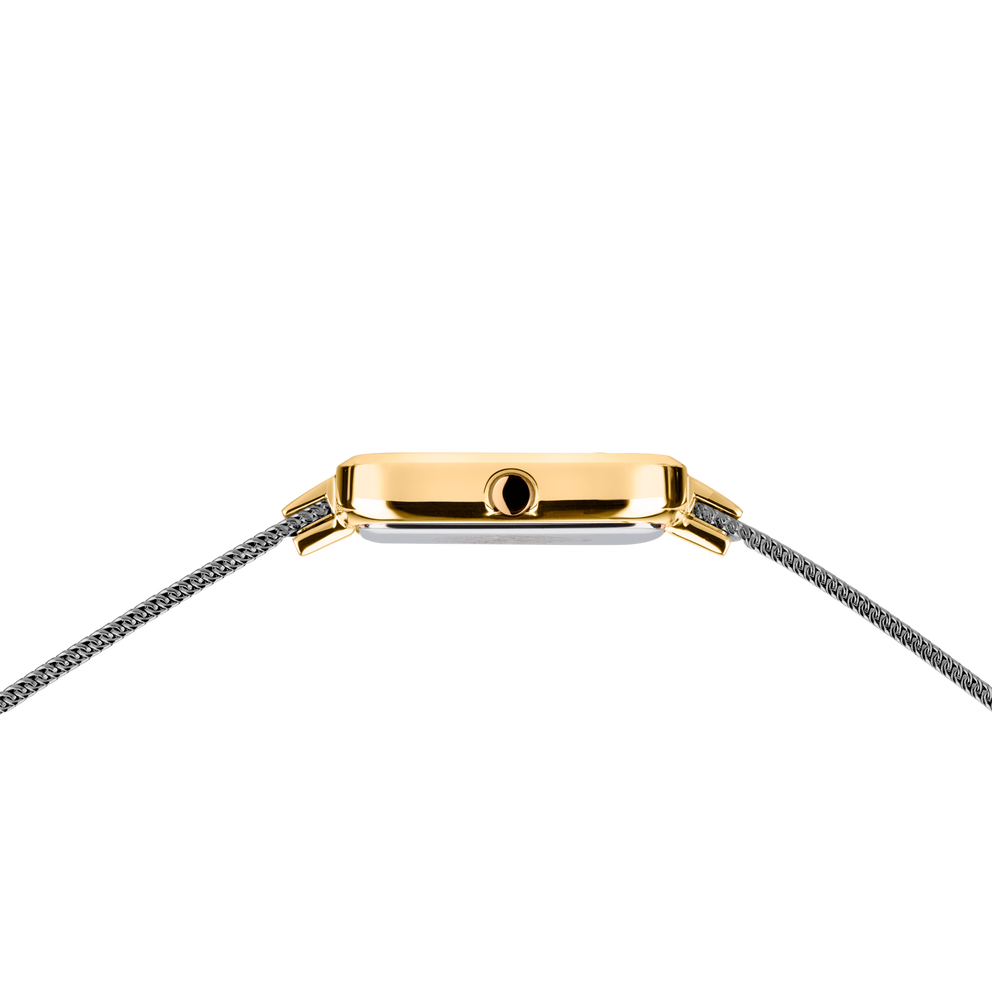 Watch case side profile in gold with gray mesh bracelet