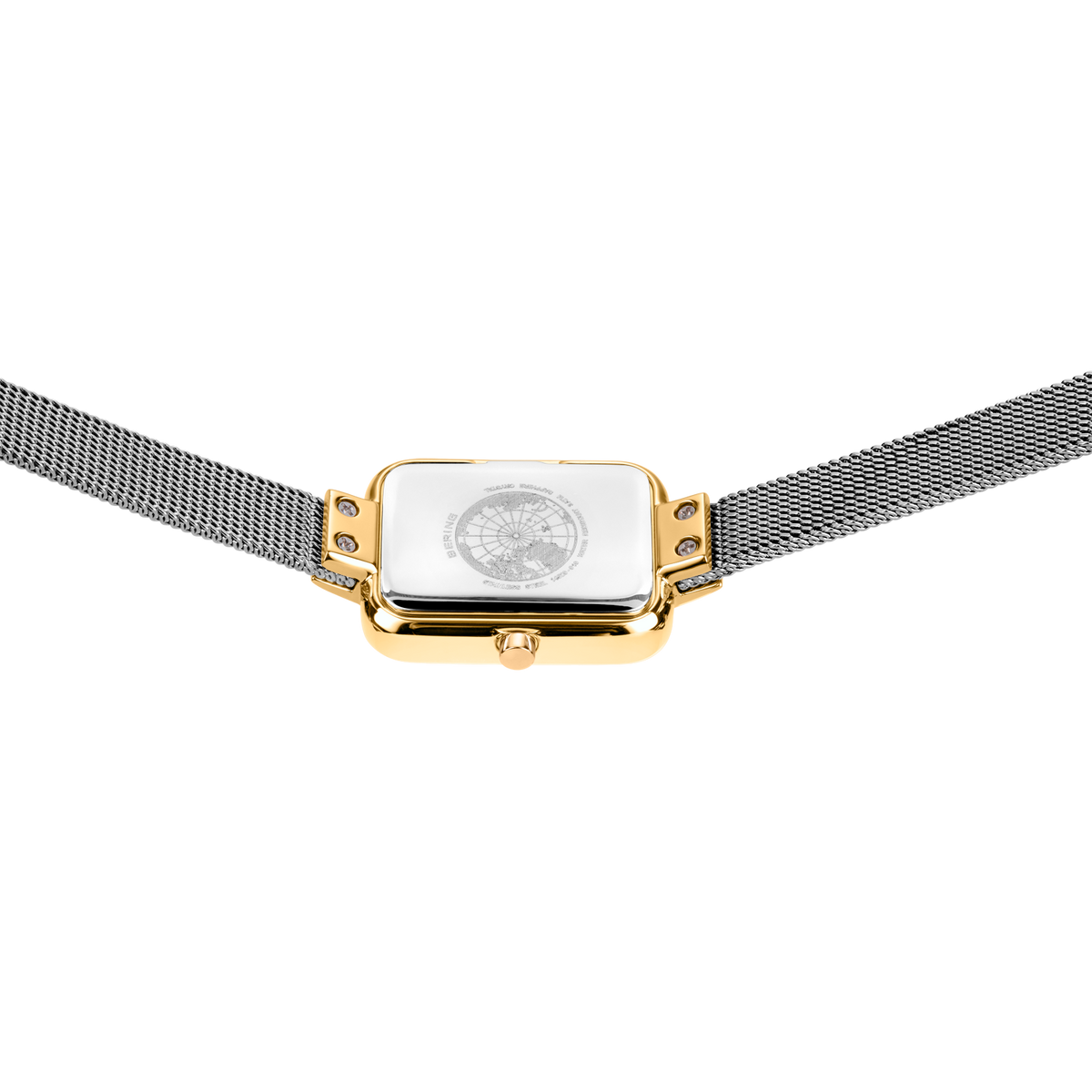Square watch with gold case, white dial, and gray mesh bands, viewed from above.