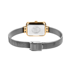 Rectangular watch with white dial and gold lugs, paired with silver mesh bracelet and magnetic clasp