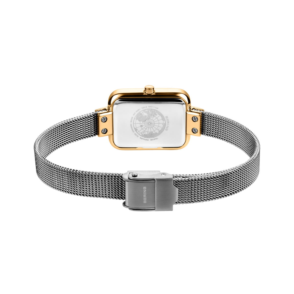 Rectangular watch with white dial and gold lugs, paired with silver mesh bracelet and magnetic clasp