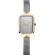 Orologio BERING con cassa rettangolare dorata, quadrante argentato e cinturino mesh bicolore.