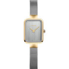 BERING wristwatch with rectangular gold case, silver dial, and two-tone mesh bracelet.