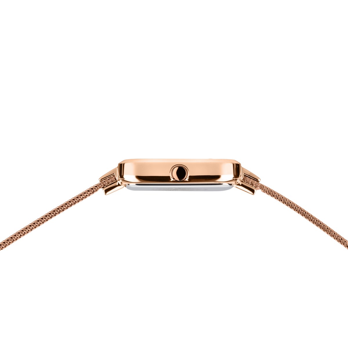 Caja de reloj rectangular oro rosa en perfil, con pulsera malla a ambos lados.