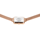 Reloj rectangular en oro rosa con esfera blanca y pulsera de malla a juego, vista frontal